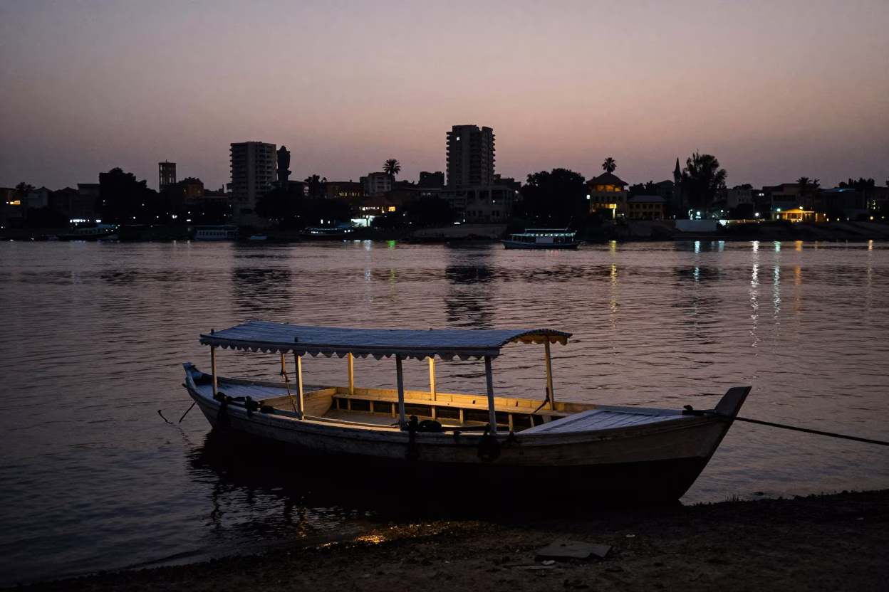 Predawn Cairo Street Scene with Junk Boat on Nile River in Egypt in in Cairo, Egypt
