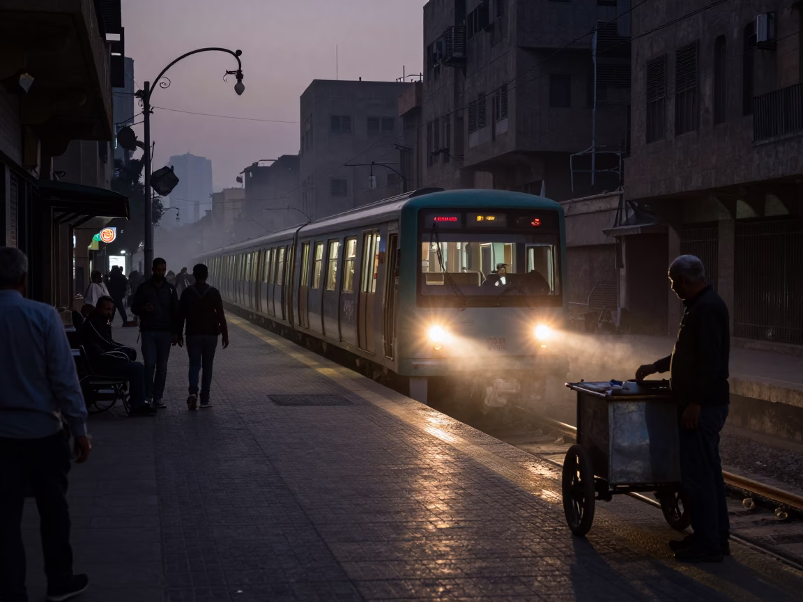 Predawn Cairo Street Scene with Metro Train and Local Vendor in Egypt in in Cairo, Egypt