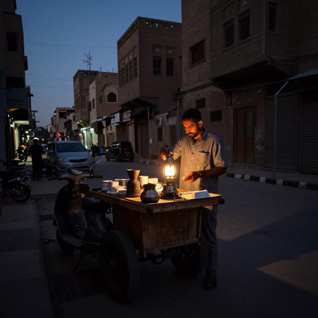 Predawn Cairo Street Scene with Scooter and Coffee Grinder in Egypt in in Cairo, Egypt