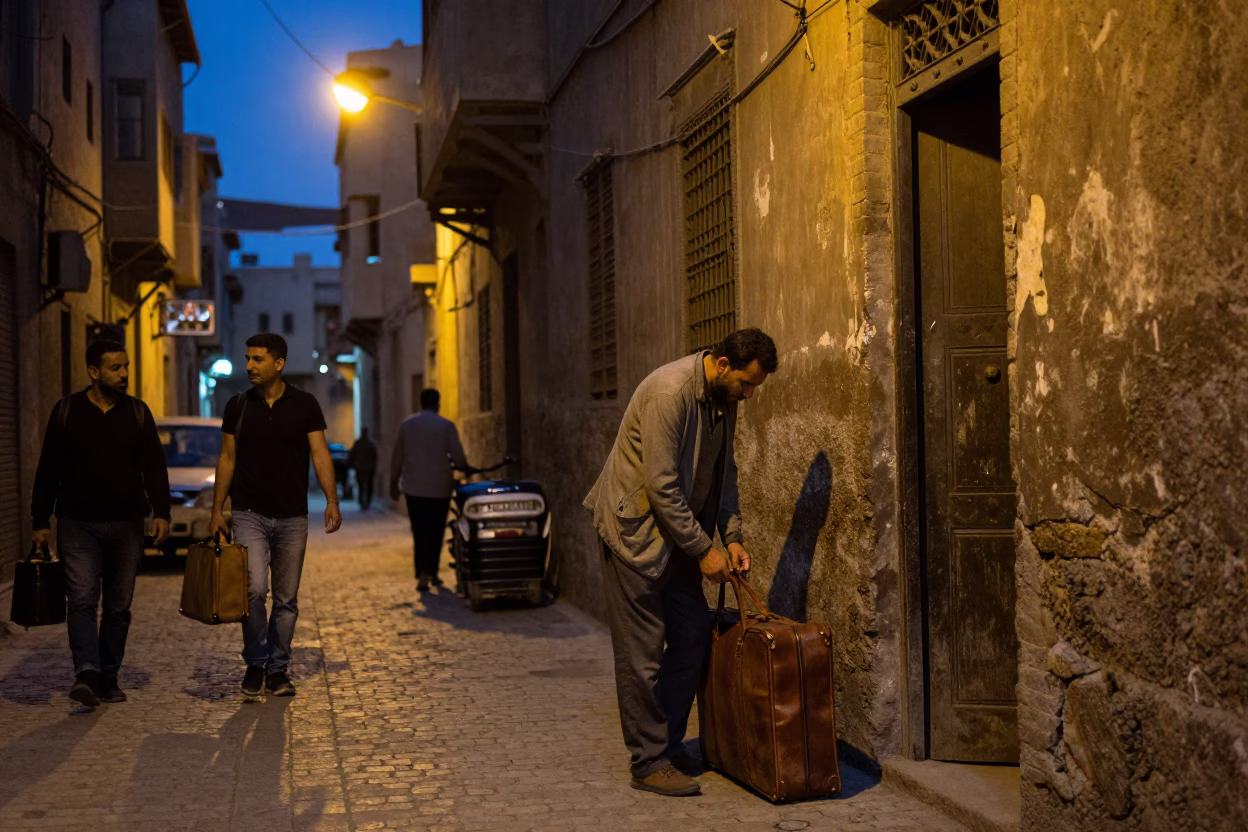 Predawn Cairo Street Scene with Suitcases and Local Interaction in in Cairo, Egypt