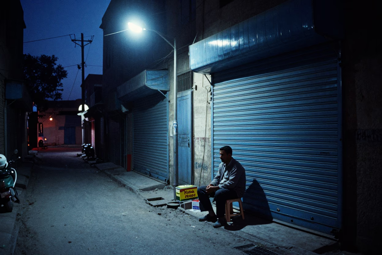 Predawn Cairo Street Scene with Tiffin Tin and Mechanical Pencil in Darkness in in Cairo, Egypt