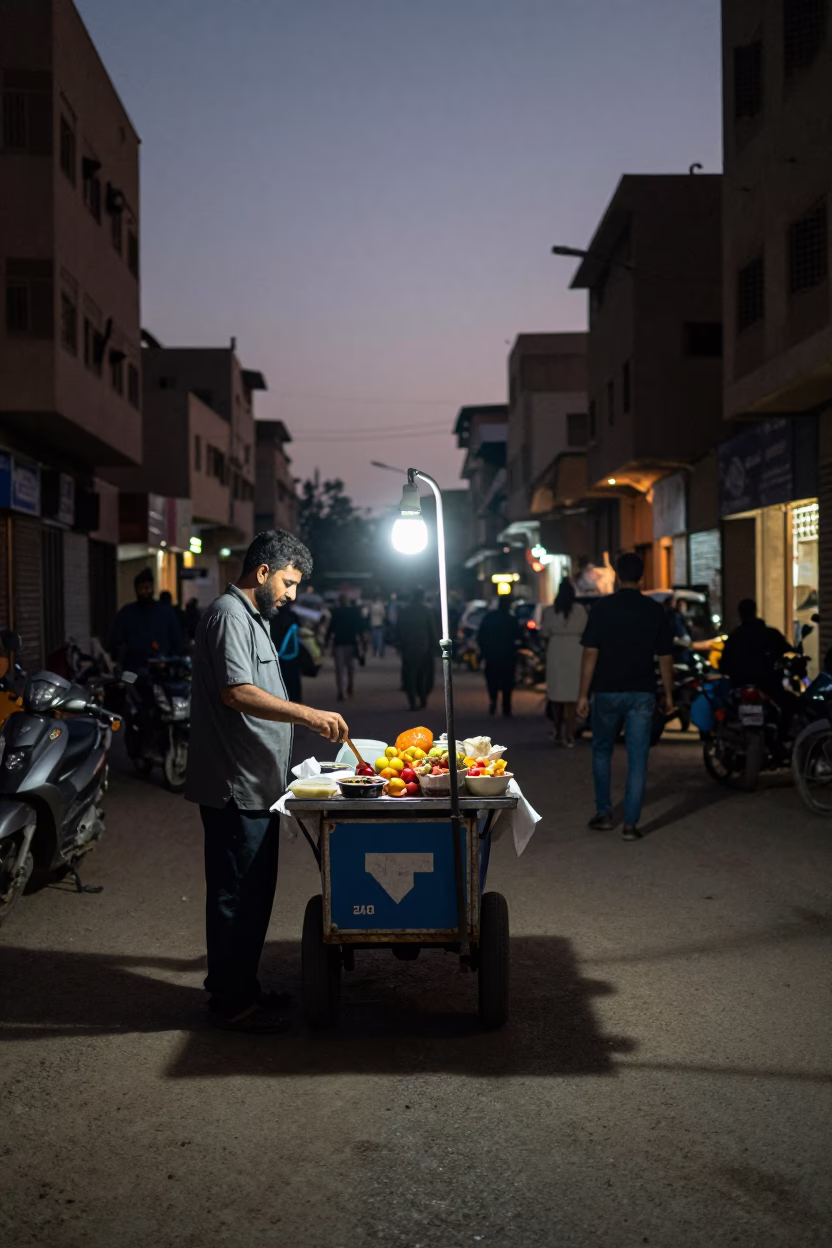 Predawn Cairo Street Scene with Vending Cart and Local Interaction in in Cairo, Egypt