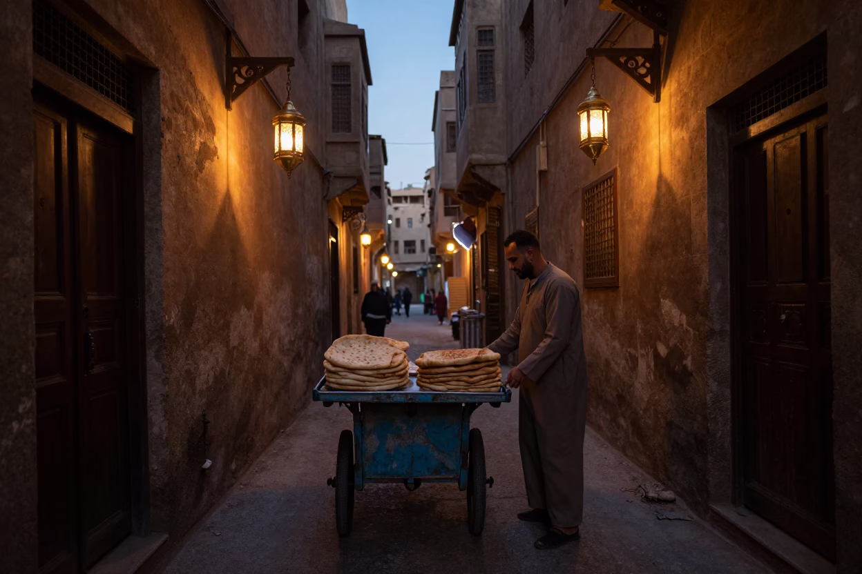 Predawn Cairo Street Scene with Vendor Cart and Traditional Lanterns in in Cairo, Egypt