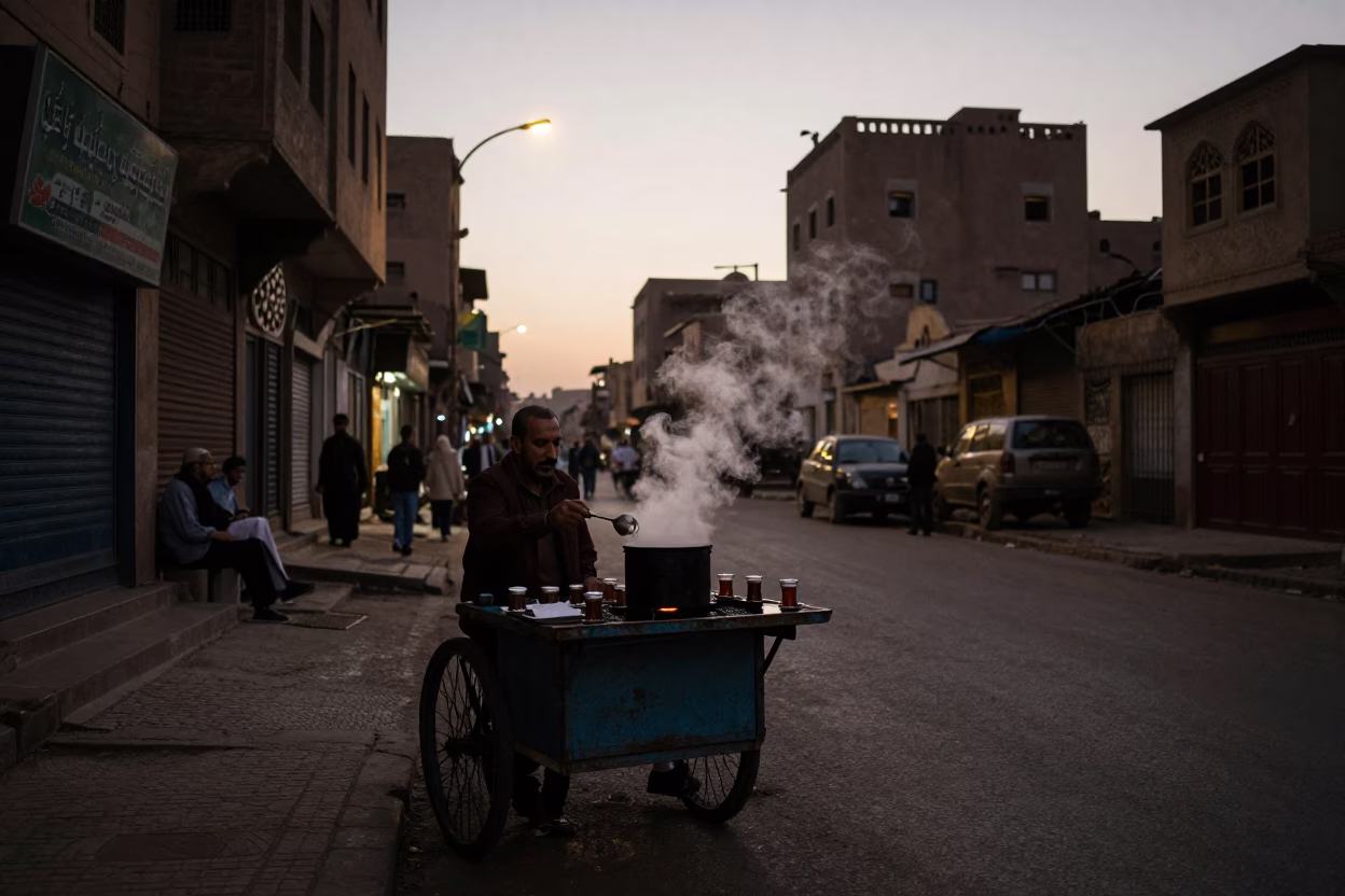 Predawn Cairo Street Scene with Vendor Cart and Traditional Tea Service in in Cairo, Egypt