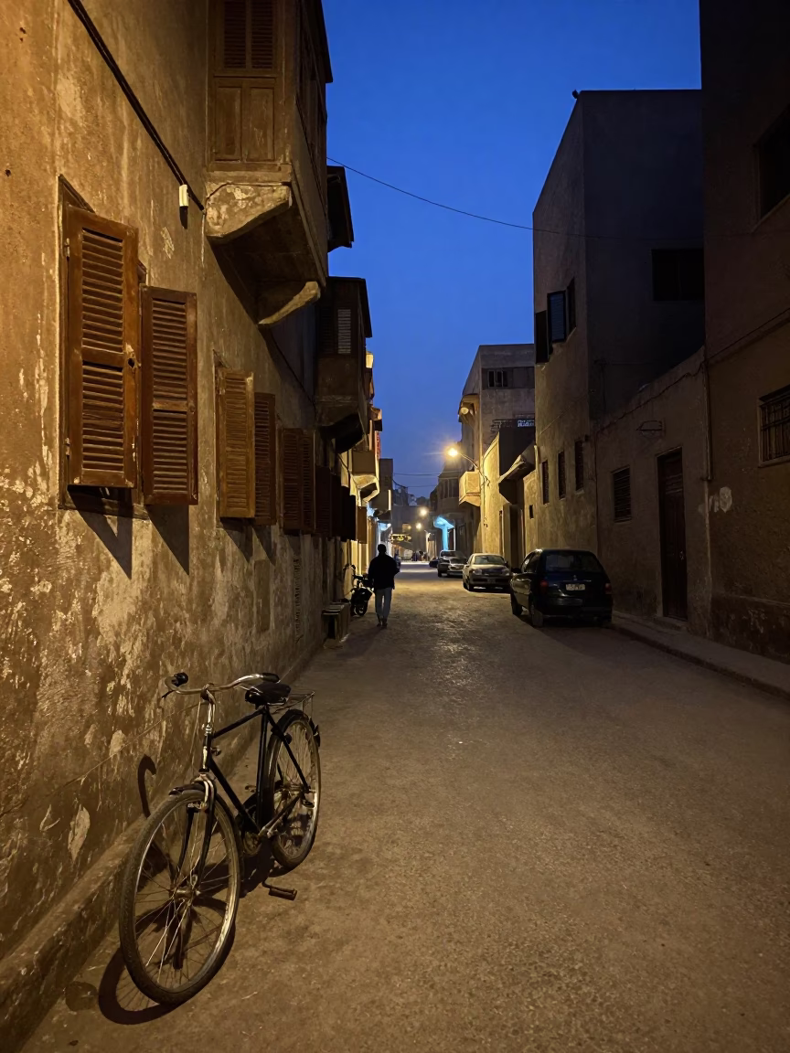 Predawn Cairo Street Scene with Vintage 1970s Bicycle and Local Market Elements in in Cairo, Egypt