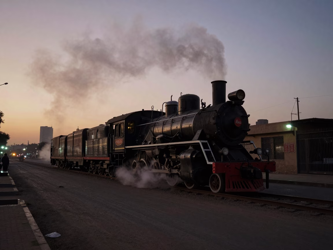 Predawn Cairo Street Scene with Vintage Locomotive Steam and Early Morning Activity in in Cairo, Egypt