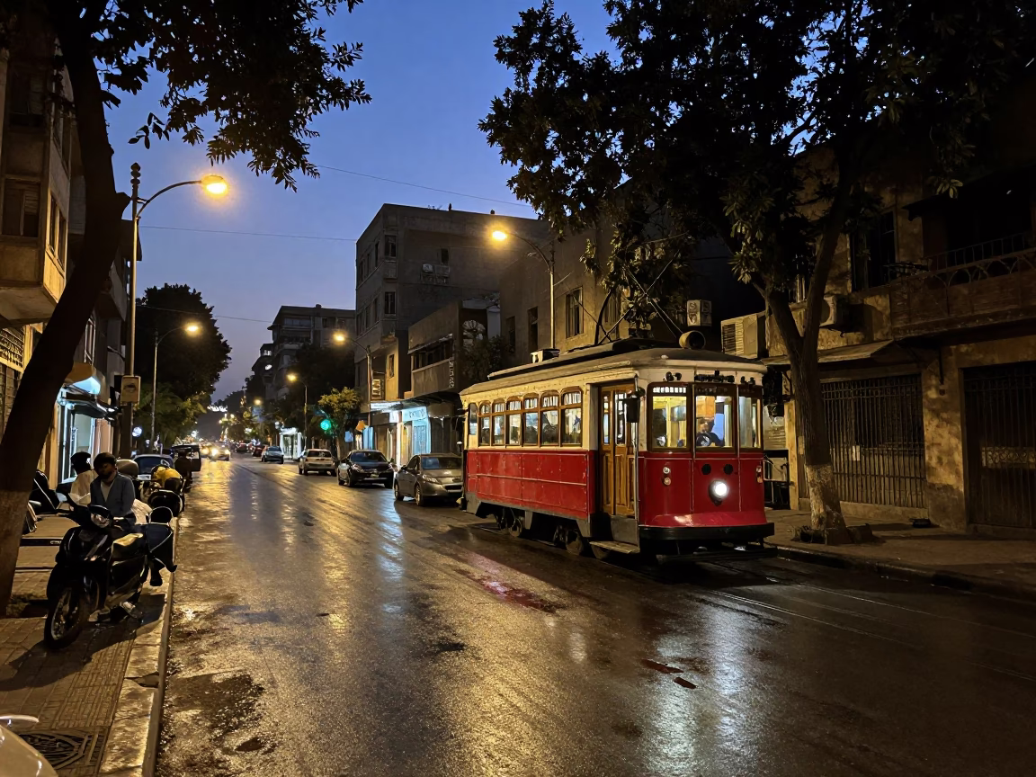 Predawn Cairo Street Scene with Vintage Trolley and Local Market Activity in in Cairo, Egypt