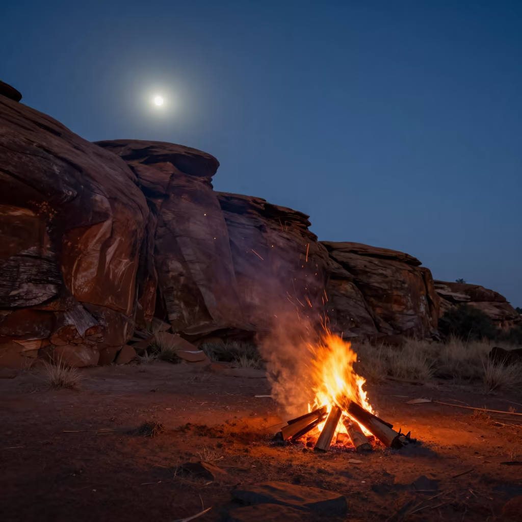 Predawn Campfire Under Desert Escarpment in Eswatini in beneath a wind-cut desert escarpment in Eswatini