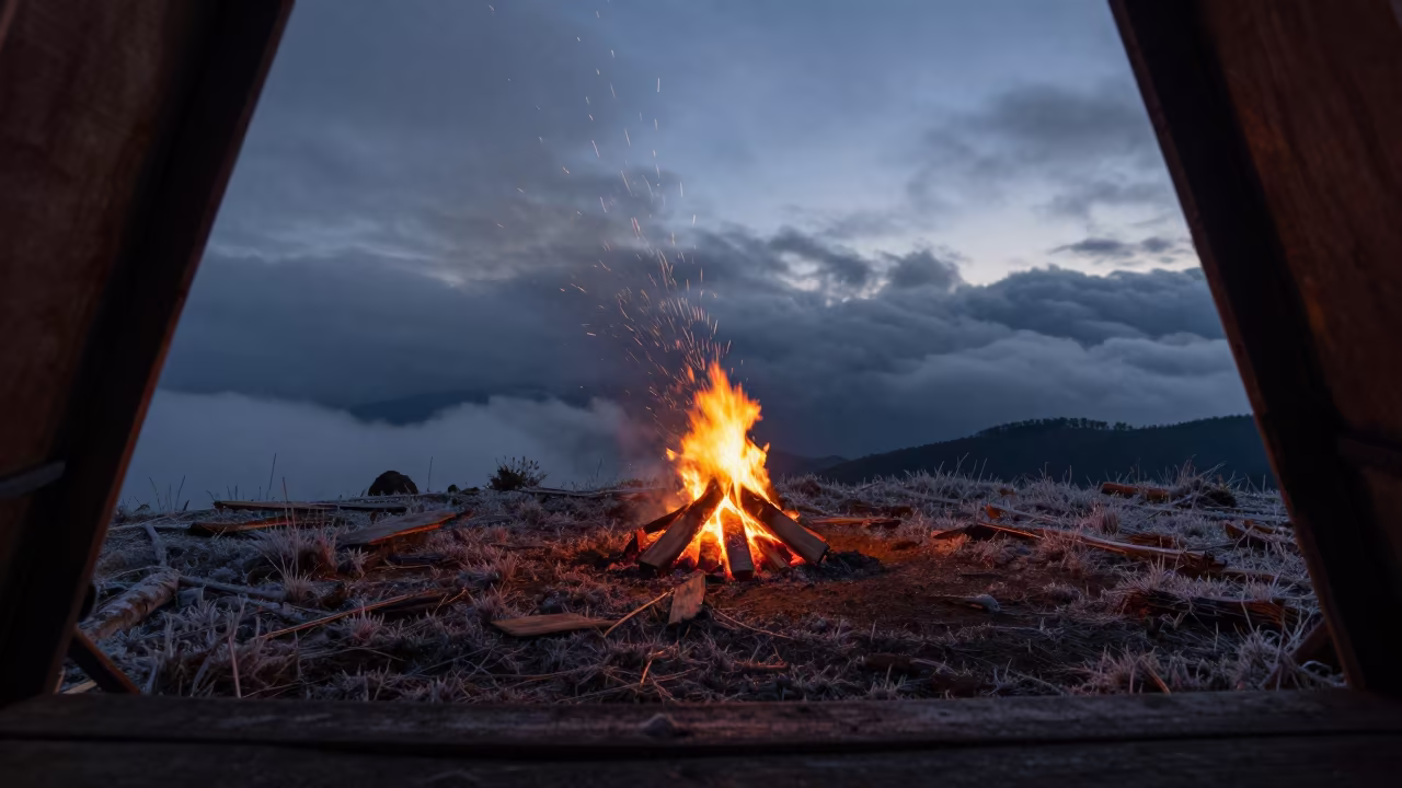 Predawn Campfire Sparks on Laos Ridgeline in from a frost-hushed ridgeline in Laos