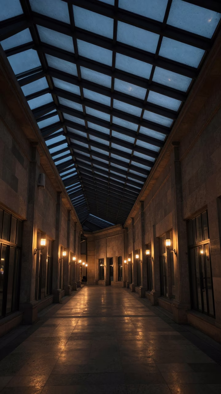 Predawn Candlelit Ceiling Tiles Wuhan Arcade in inside a glass-roofed arcade in Wuhan