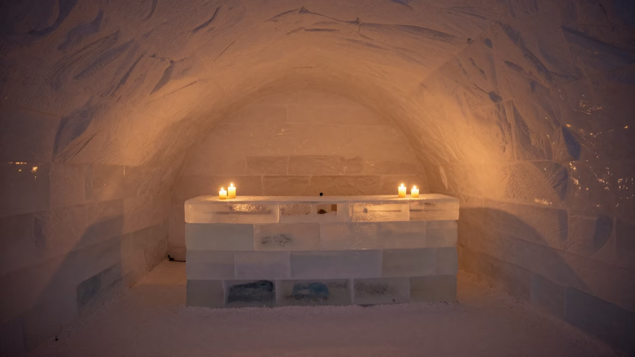 Predawn Candlelit Ice Hotel Spa Reception in inside a spa reception near San Rafael