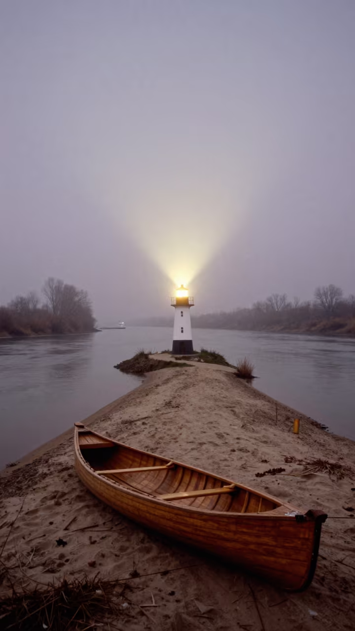 Predawn Canoe on Serbian River Island Mist in across a remote ferry crossing in Serbia