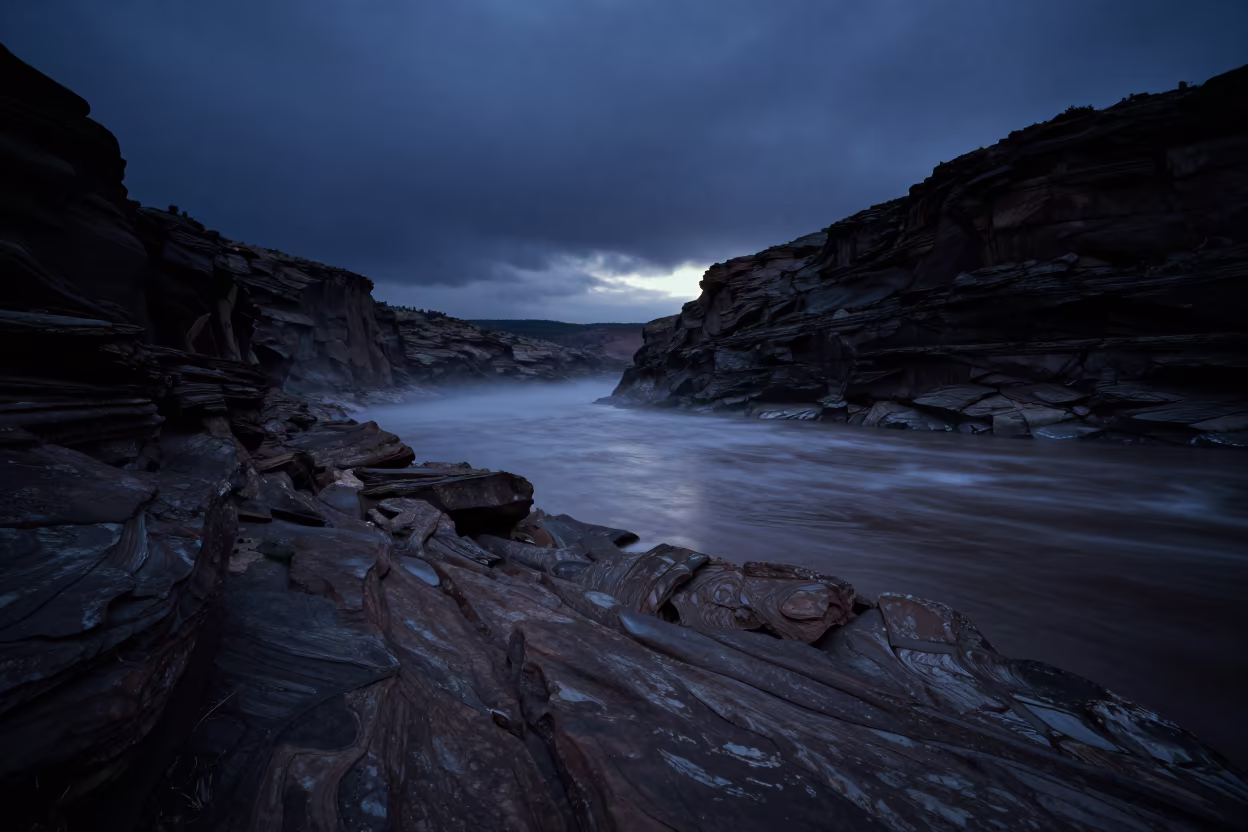 Predawn Canyon Floor Beside Stormy Utah Sea in in Utah