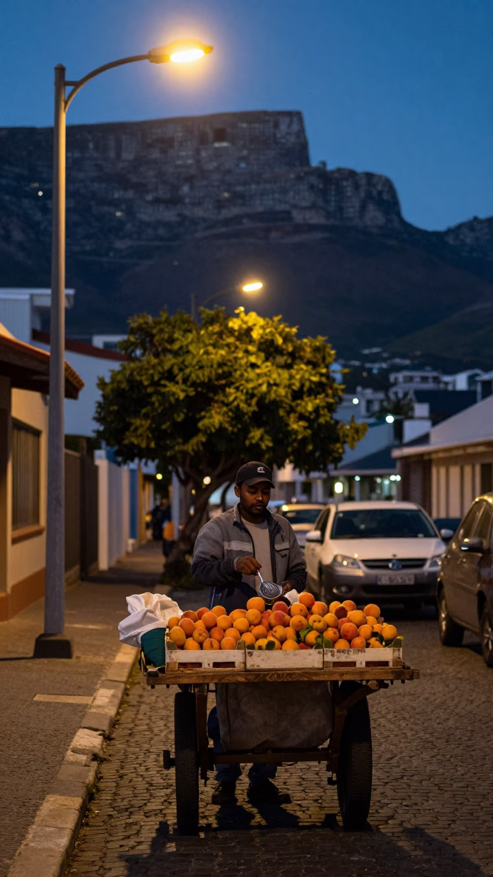 Predawn Cape Town Street Scene with Apricots and Tea Strainer in in Cape Town, South Africa