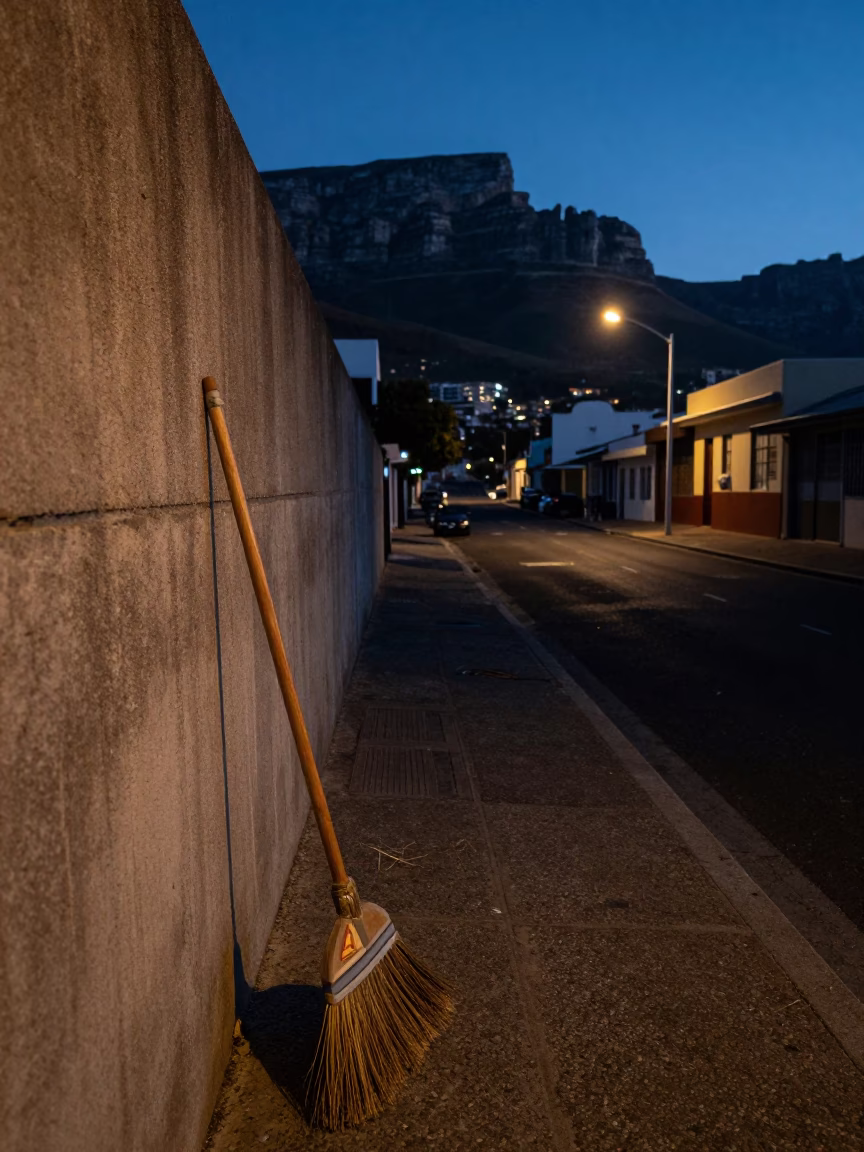 Predawn Cape Town Street Scene with Broom and Tunnel Retaining Wall in South Africa in in Cape Town, South Africa