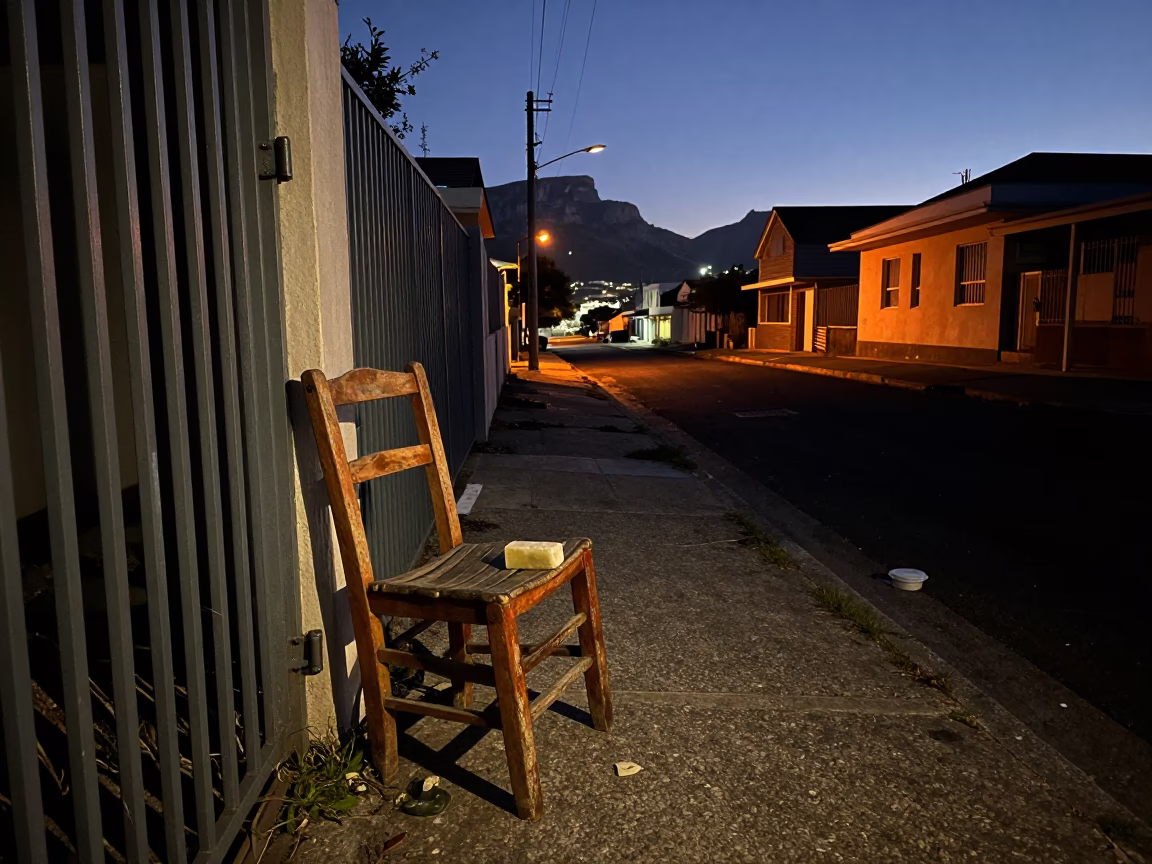 Predawn Cape Town Street Scene with Ladder-Back Chair and Soap Case in in Cape Town, South Africa