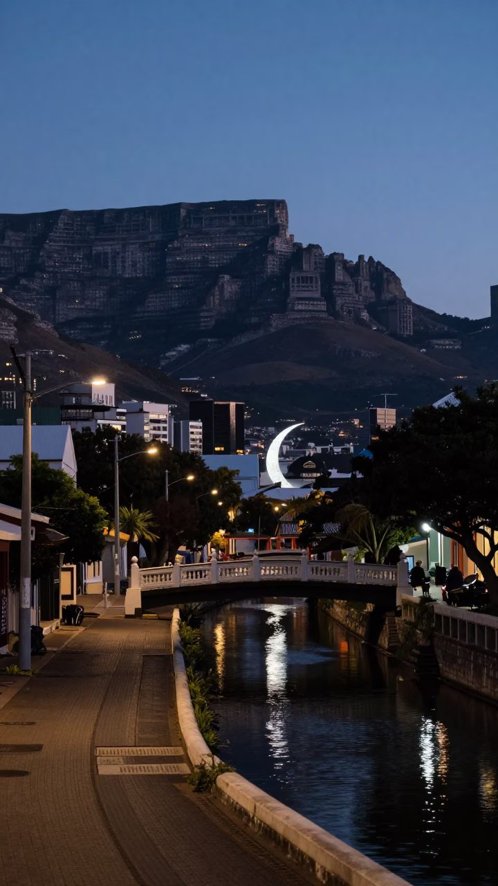 Predawn Cape Town Street Scene with Moon Bridge Reflection and Rattan Chair in in Cape Town, South Africa