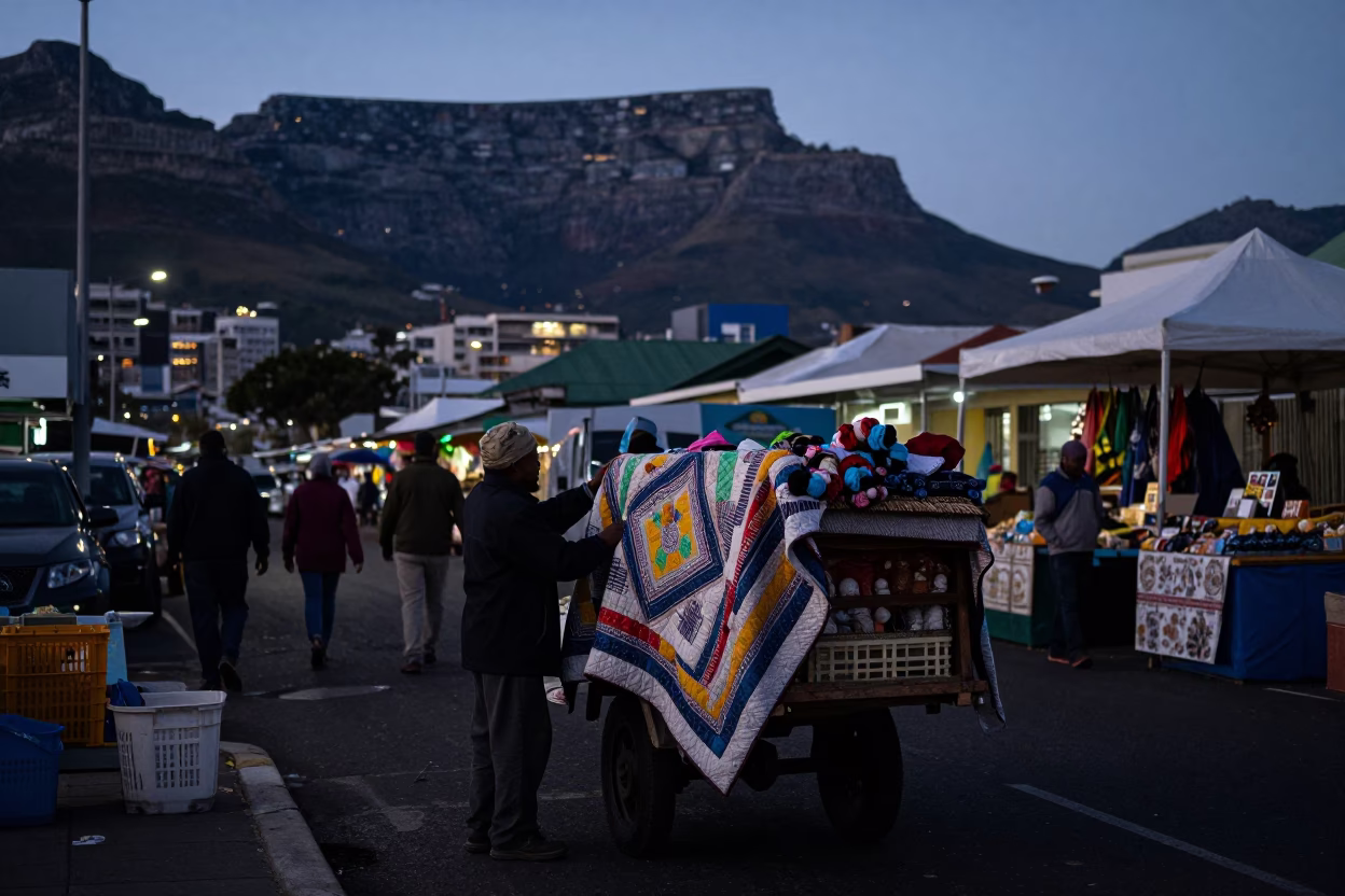 Predawn Cape Town Street Scene with Quilt and Local Market Activity in in Cape Town, South Africa
