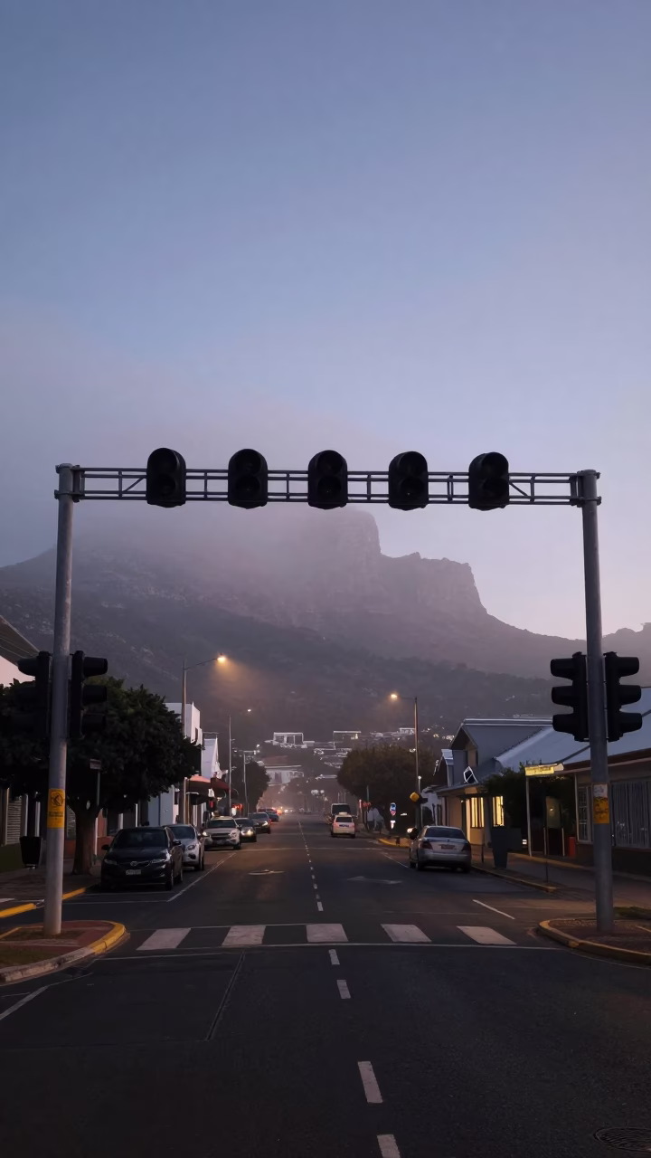 Predawn Cape Town street scene with signal gantry and mist over rail lines in in Cape Town, South Africa