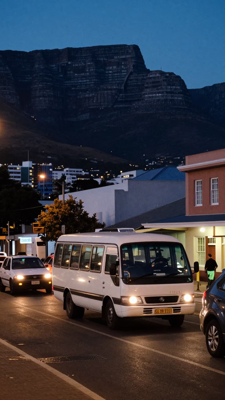 Predawn Cape Town Street Scene with Vintage Vehicles and Local Commerce in in Cape Town, South Africa