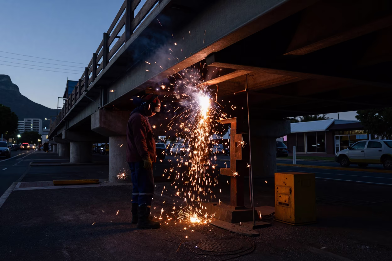 Predawn Cape Town Street Scene with Welding Sparks Under Bridge Construction Platform in in Cape Town, South Africa