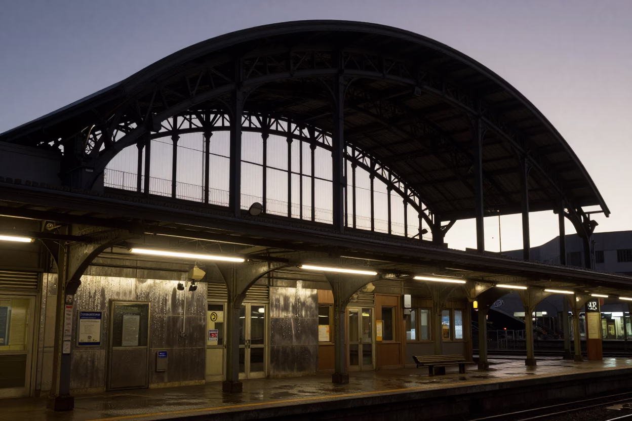 Predawn Cape Town Train Station Steel Archway and Wet Platform Reflections in in Cape Town, South Africa