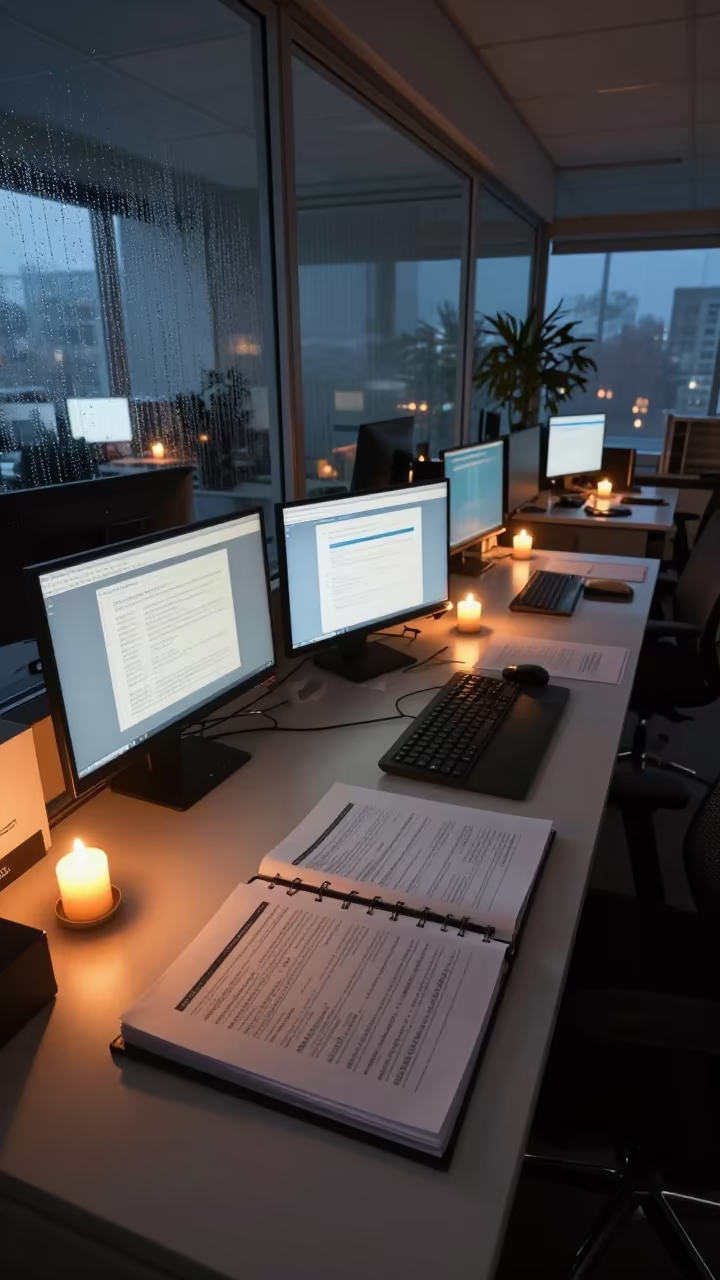 Predawn Card Dispute Folder in Rimini Office in in an operations center under monitor glow in Rimini