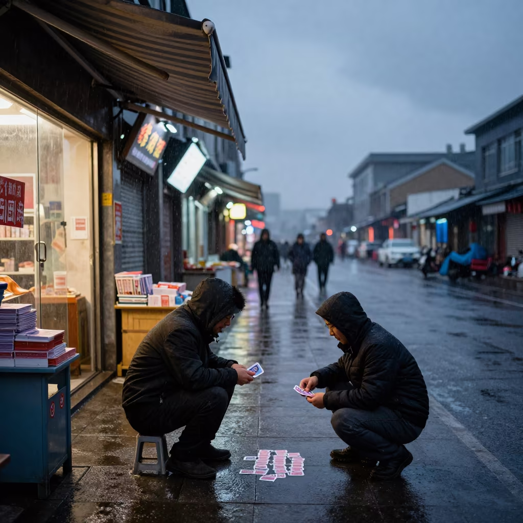 Predawn card game under Taiyuan awning in winter rain in along a market-lined side street in Taiyuan