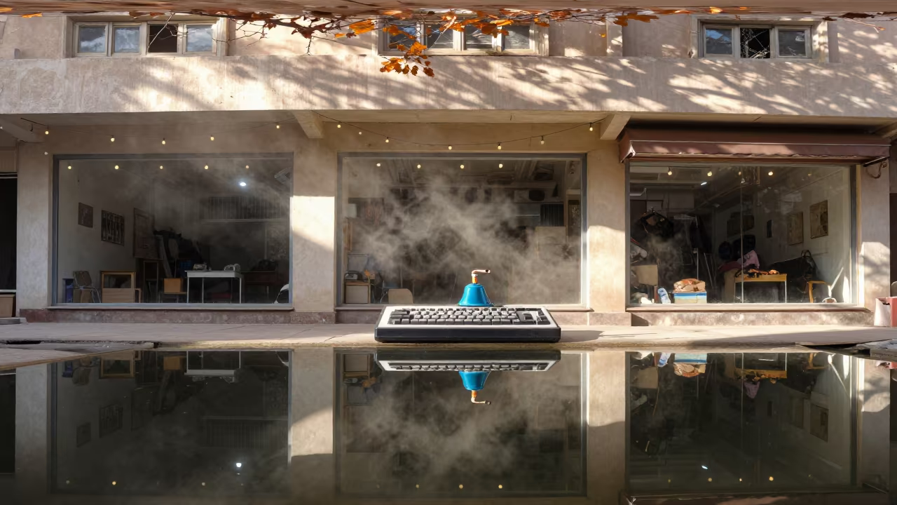 Predawn Carpet Cleaner Key Board Mirror Water Floor in inside a storefront prepared for opening in Quetta