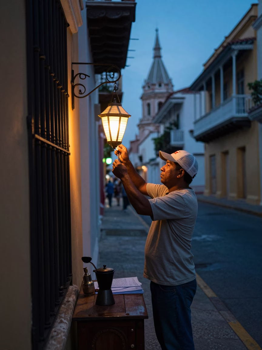Predawn Cartagena Colombia Street Scene with Coffee Grinder and Paper Lantern in in Cartagena, Colombia