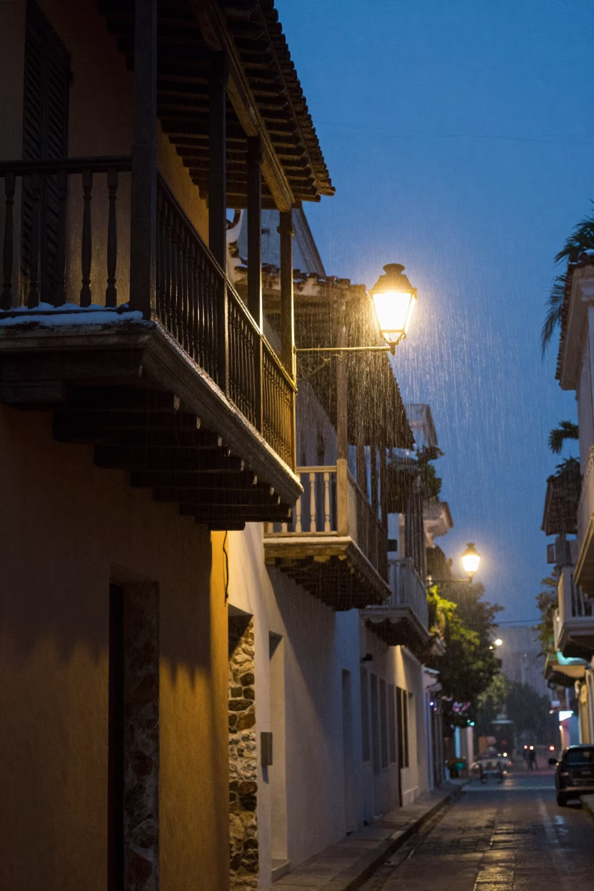 Predawn Cartagena Colombia Street Scene with Condensation and Urban Details in in Cartagena, Colombia