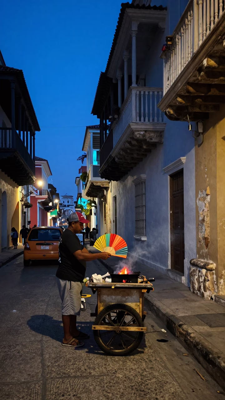 Predawn Cartagena Colombia Street Scene with Local Vendor and Folding Fan in in Cartagena, Colombia