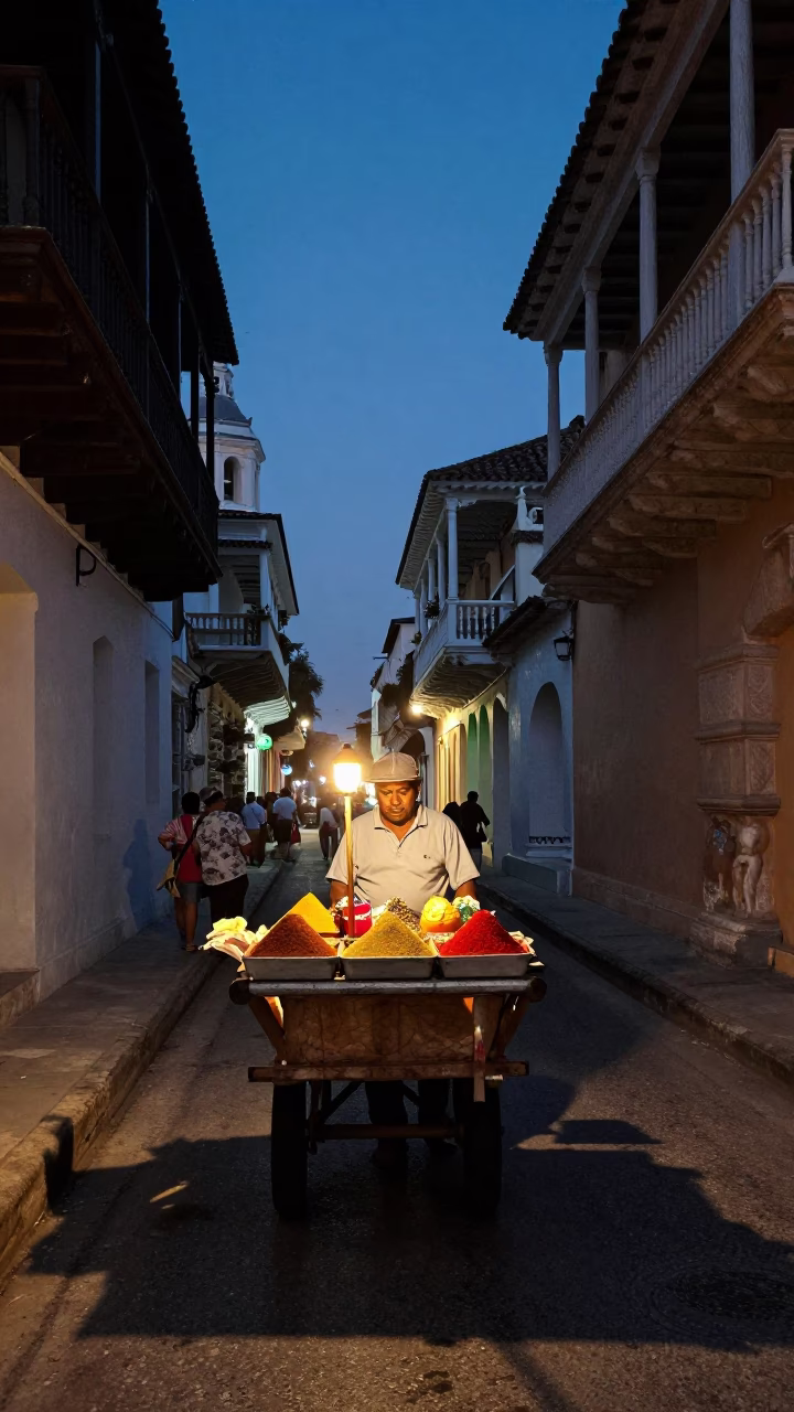 Predawn Cartagena Colombia Street Scene with Local Vendor and Spice Jars in in Cartagena, Colombia