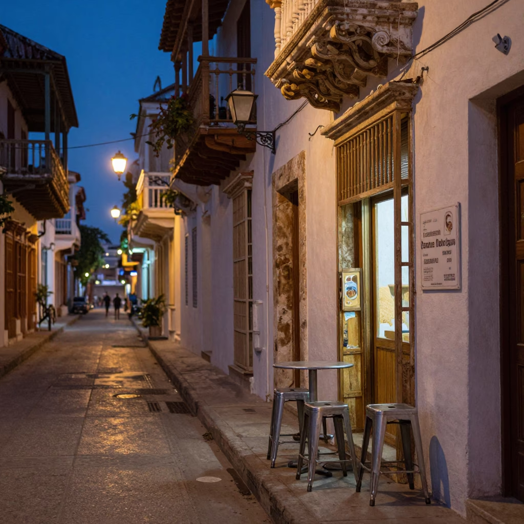 Predawn Cartagena Colombia Street Scene with Metal Stools and Local Morning Activity in in Cartagena, Colombia