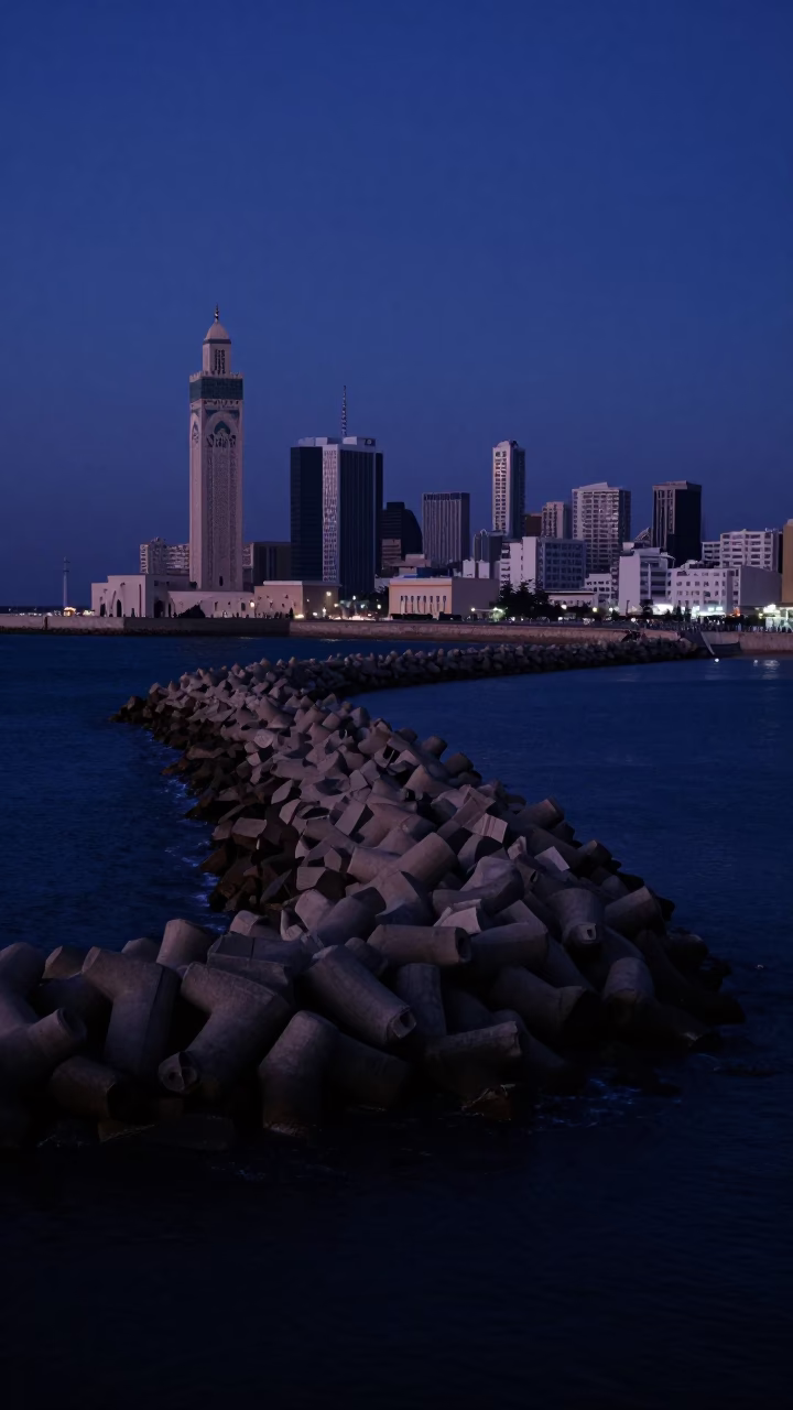 Predawn Casablanca Morocco Skyline and Harbor Breakwater in Early Morning Darkness in in Casablanca, Morocco