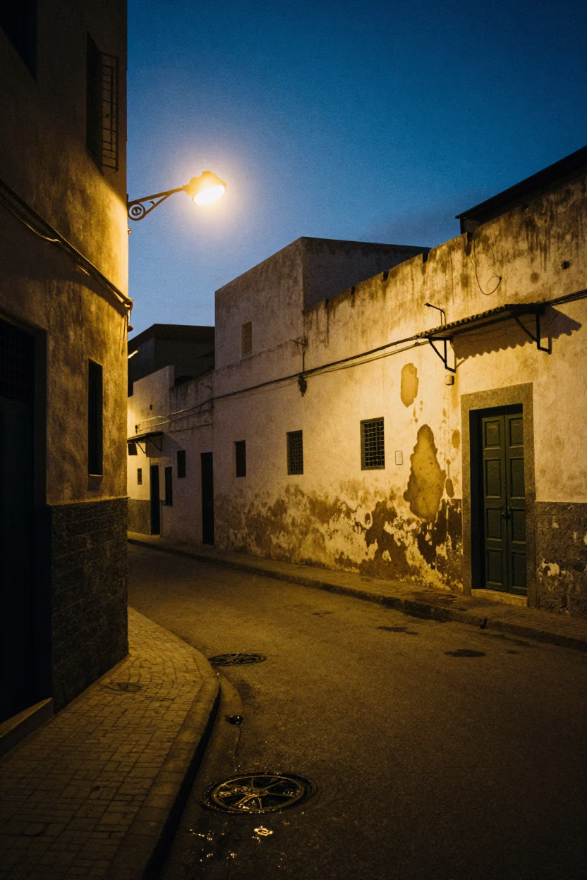 Predawn Casablanca Morocco Street Scene with Sodium Lamp Illumination and Water Stains in in Casablanca, Morocco