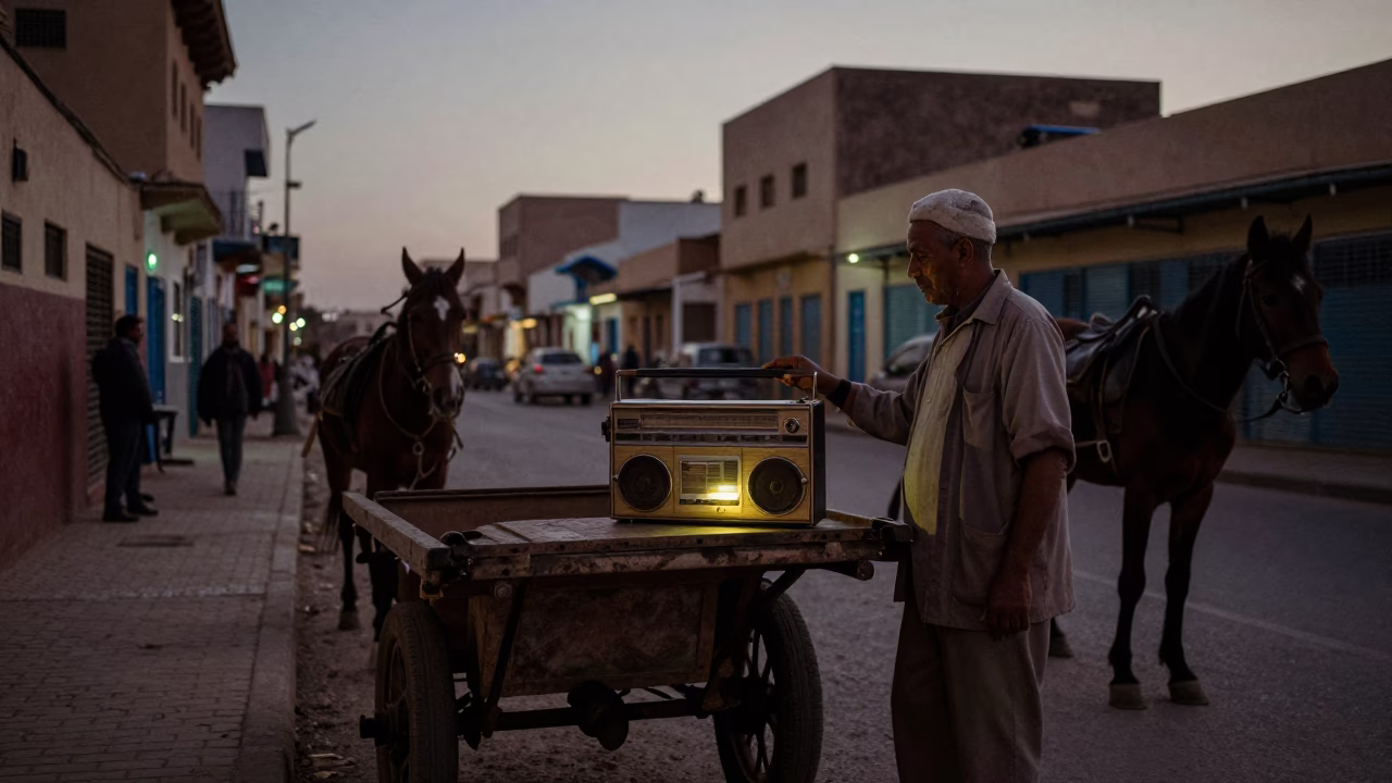 Predawn Casablanca Morocco Street Scene with Vintage Radio and Horse Cart in in Casablanca, Morocco