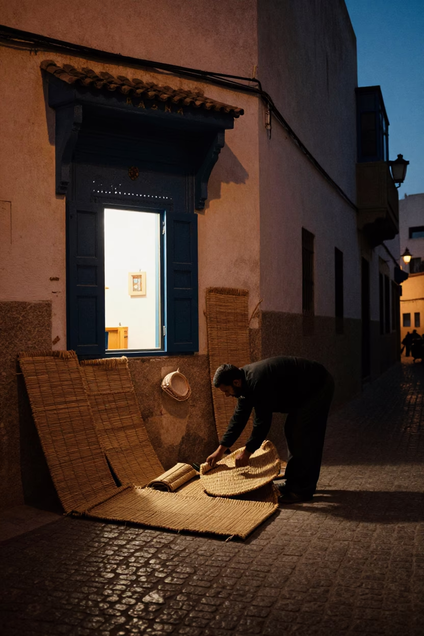 Predawn Casablanca Morocco Street Scene with Woven Mats and Window Light in in Casablanca, Morocco