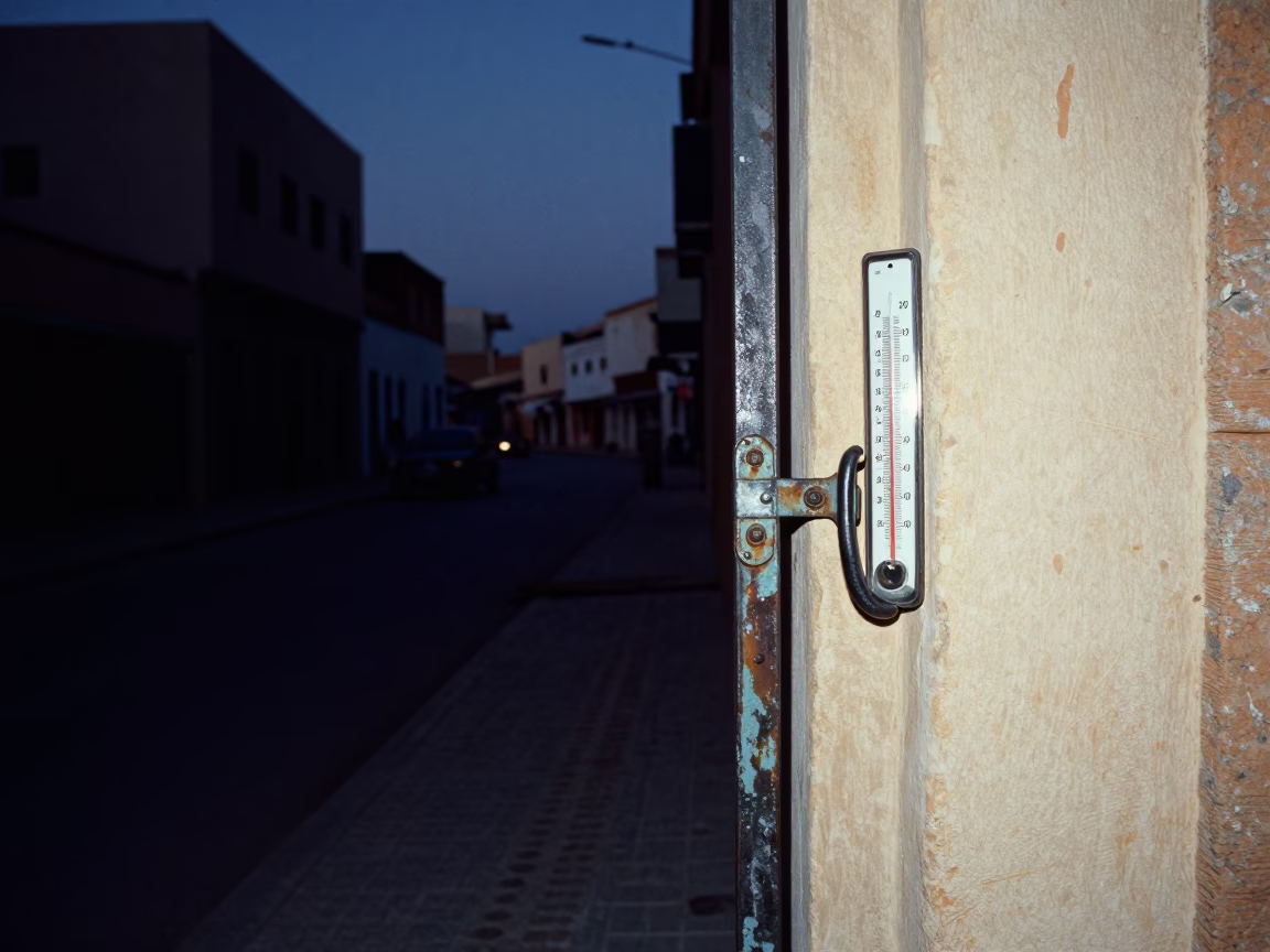 Predawn Casablanca Street Corner with Thermometer and Gate Handle in 1980s Morocco in in Casablanca, Morocco