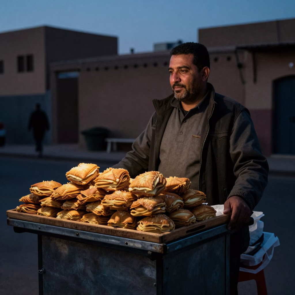 Predawn Casablanca Street Food Vendor with Fresh Palmiers and Local Morning Routine in in Casablanca, Morocco