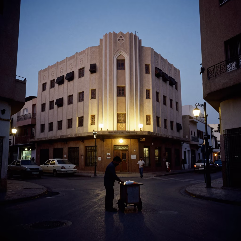 Predawn Casablanca Street Scene with Art Deco Facade and Morning Routine in in Casablanca, Morocco