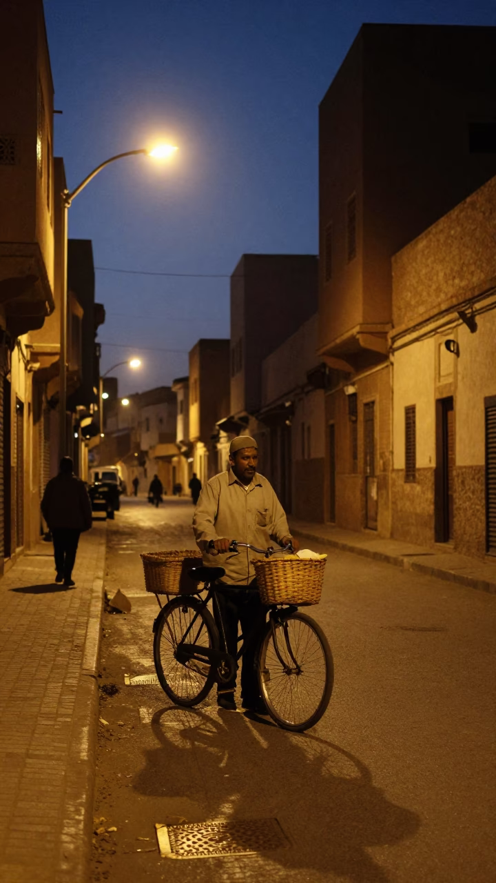 Predawn Casablanca Street Scene with Bicycle Basket and Urban Morning Activity in in Casablanca, Morocco