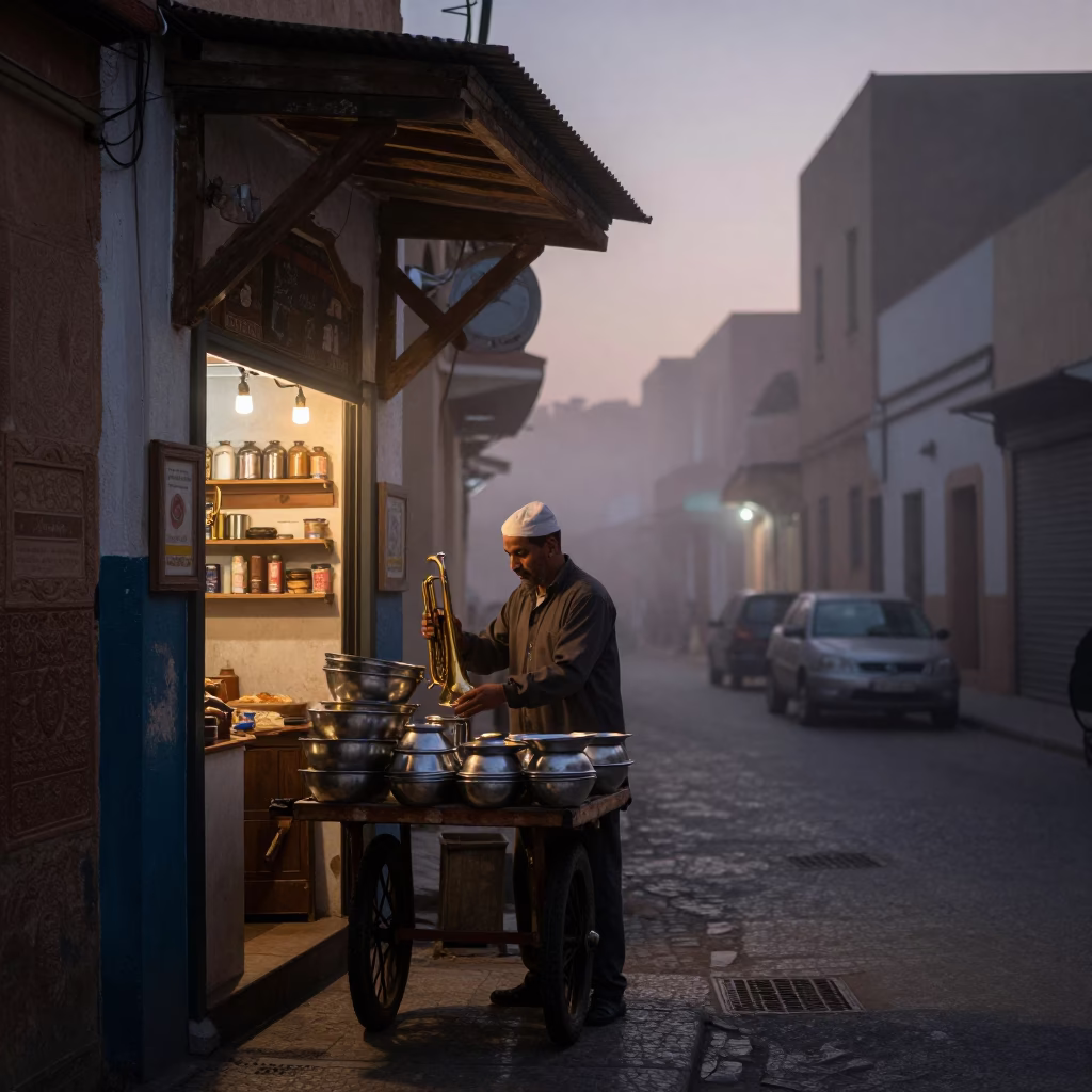 Predawn Casablanca Street Scene with Brass Instruments and Local Market Supplies in in Casablanca, Morocco