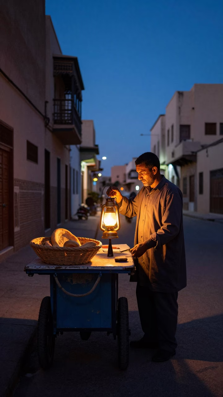 Predawn Casablanca Street Scene with Bread Basket and Oil Lamp in in Casablanca, Morocco