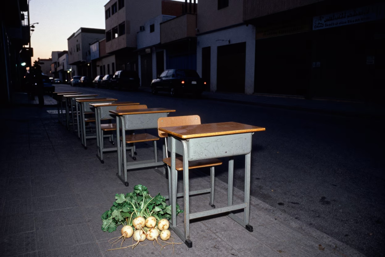 Predawn Casablanca Street Scene with Empty Classroom Desks and Turnips in in Casablanca, Morocco