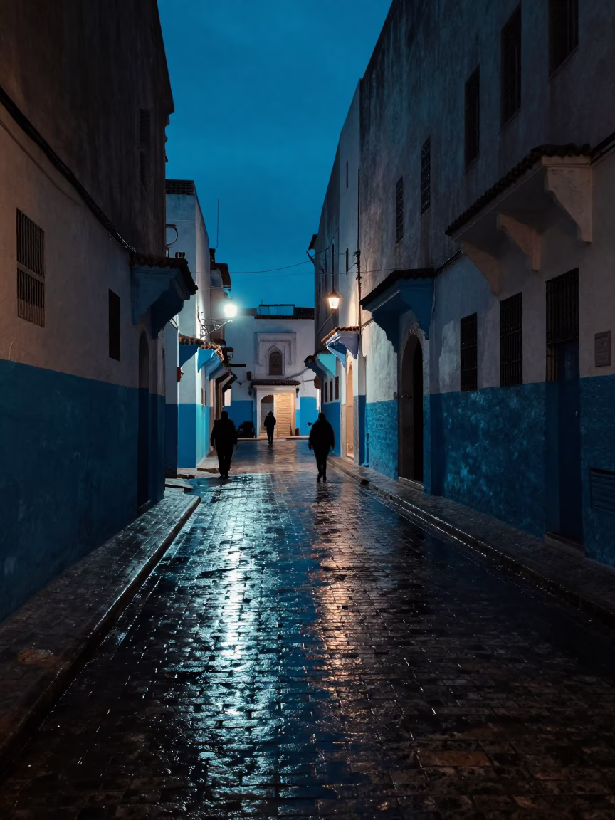 Predawn Casablanca Street Scene with Latch and Grease Sheen in in Casablanca, Morocco