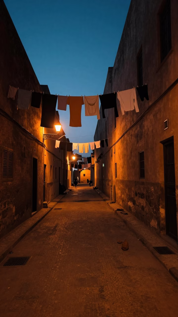 Predawn Casablanca Street Scene with Laundry Pins and Clay Pots in in Casablanca, Morocco