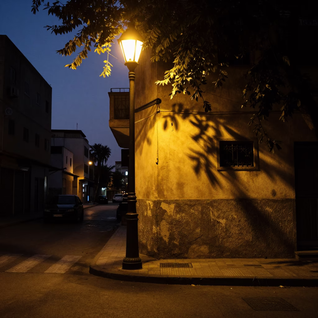 Predawn Casablanca Street Scene with Leaf Shadows on Lamp Base and Biscuit Tin in in Casablanca, Morocco