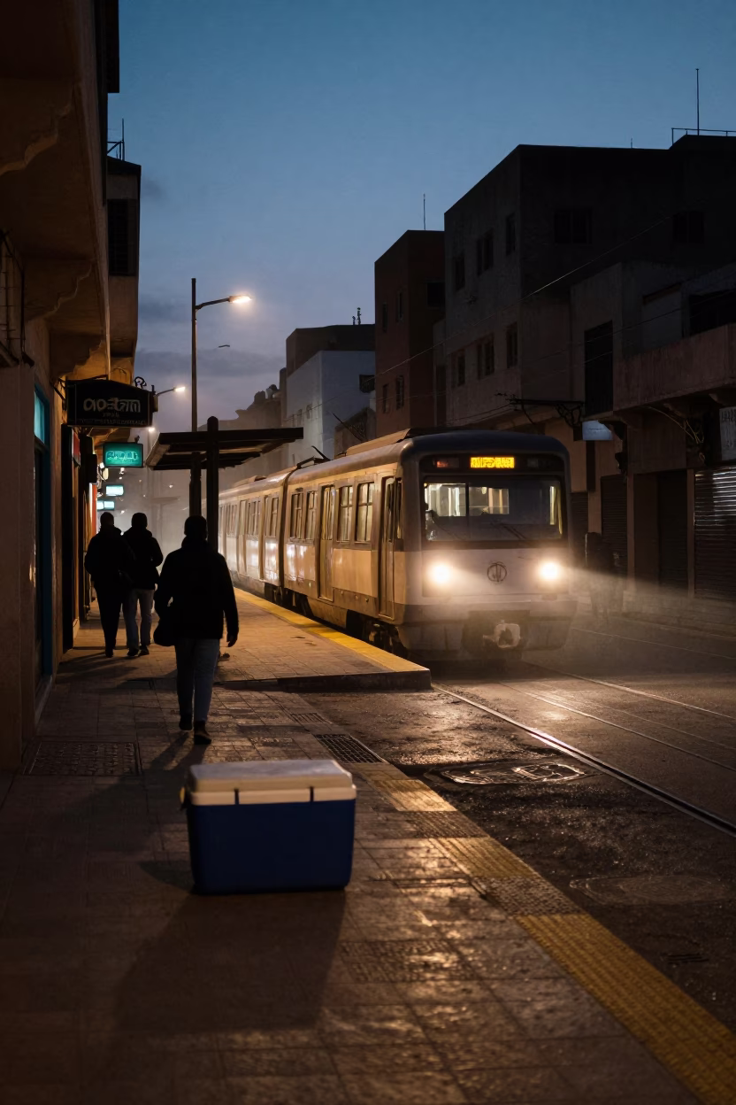 Predawn Casablanca Street Scene with Metro Train and Cooler Jug in in Casablanca, Morocco