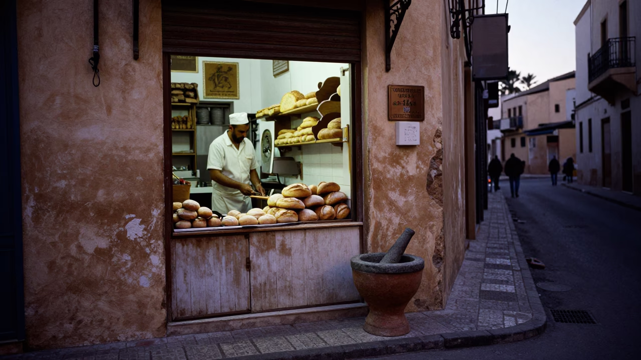 Predawn Casablanca Street Scene with Mortar and Pestle and Sketchbook in in Casablanca, Morocco